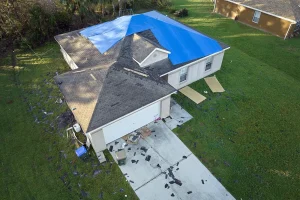 A roof damaged by a hurricane.