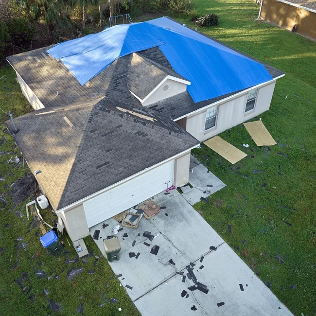 A roof damaged by a hurricane.